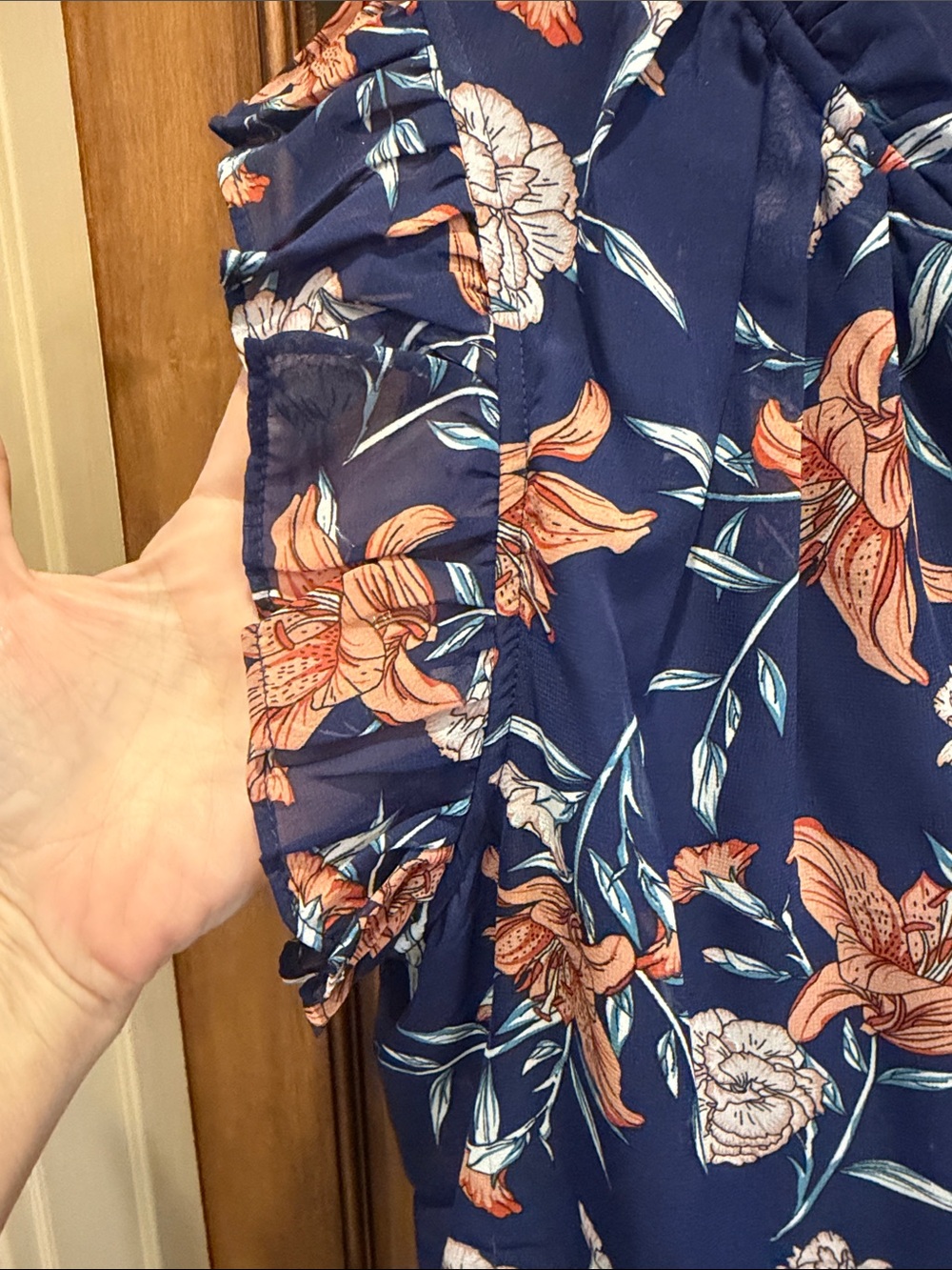 NY Collection Blue Floral Ruffle Sleeve Tie-Neck Blouse - Picture 6 of 7
